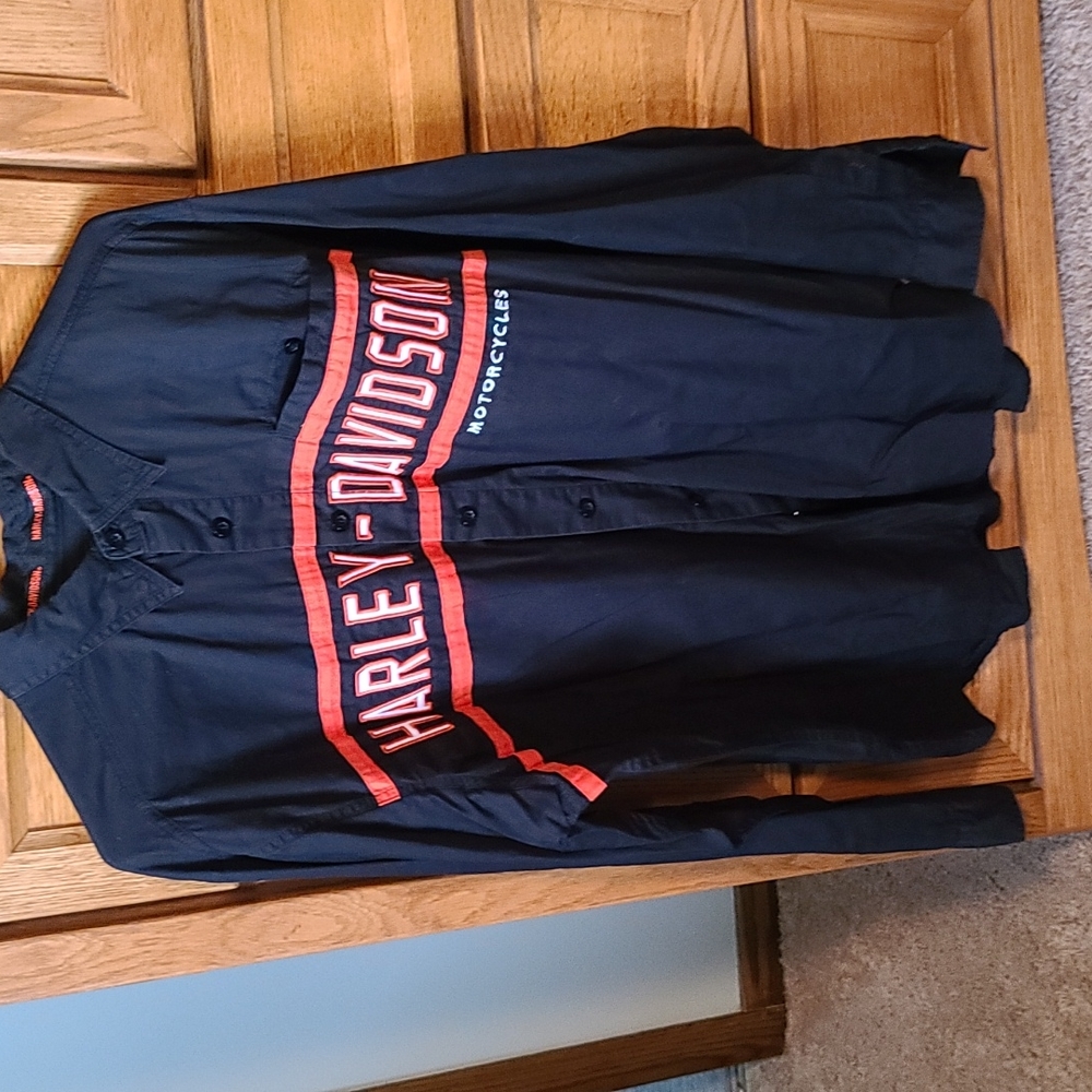 Men's XL Harley-Davidson long sleeve button down shirt black and orange